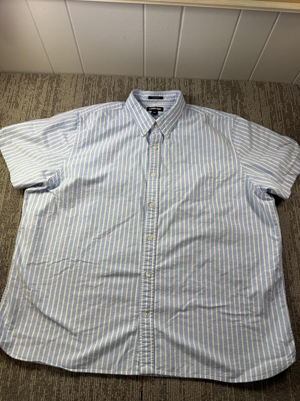 Lands' End Shirt Mens 2XL Blue Stripe Short Sleeve Button Down Oxford Casual